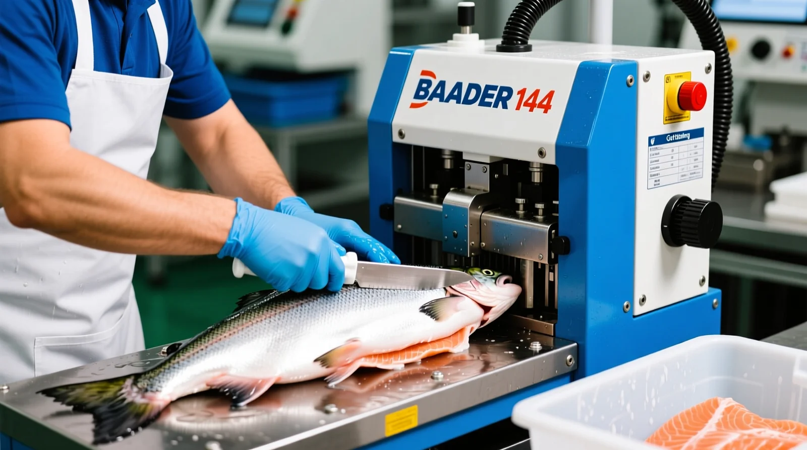 High-Speed Salmon Cleaning with BAADER 144 Gutting Machine