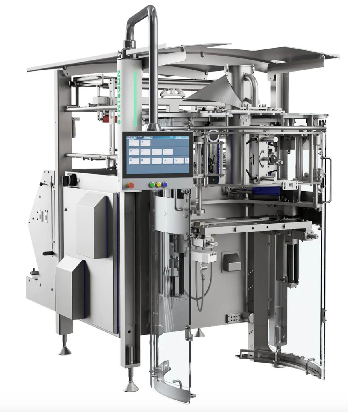 Vertical form-fill-seal packaging machine with film roll and forming tube