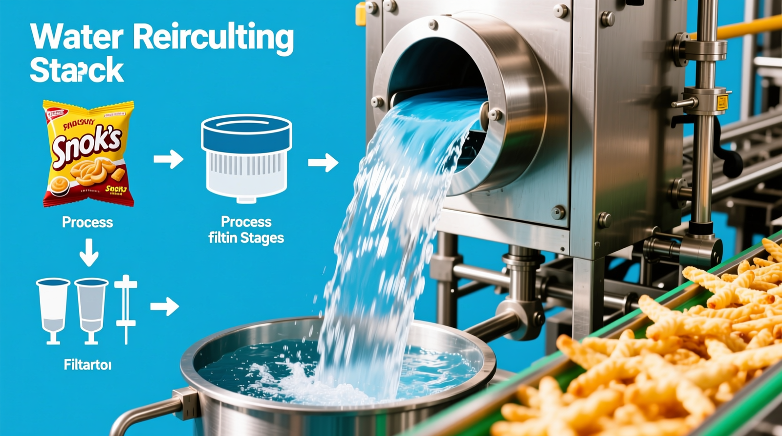 Cascade Water Recirculation for snack processing: process flow, filtration stages, and compliance context